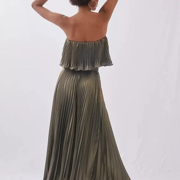 Pleated metallic olive colored skirt set - Picture 3 of 13